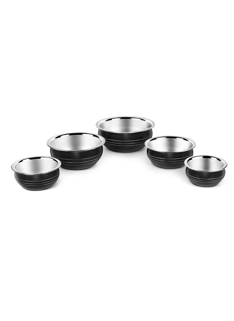 Redific Stainless Steel Biryani Handi Set 5 Pieces 350 ML 550 ML 750 ML 1200 ML 1650 ML Black