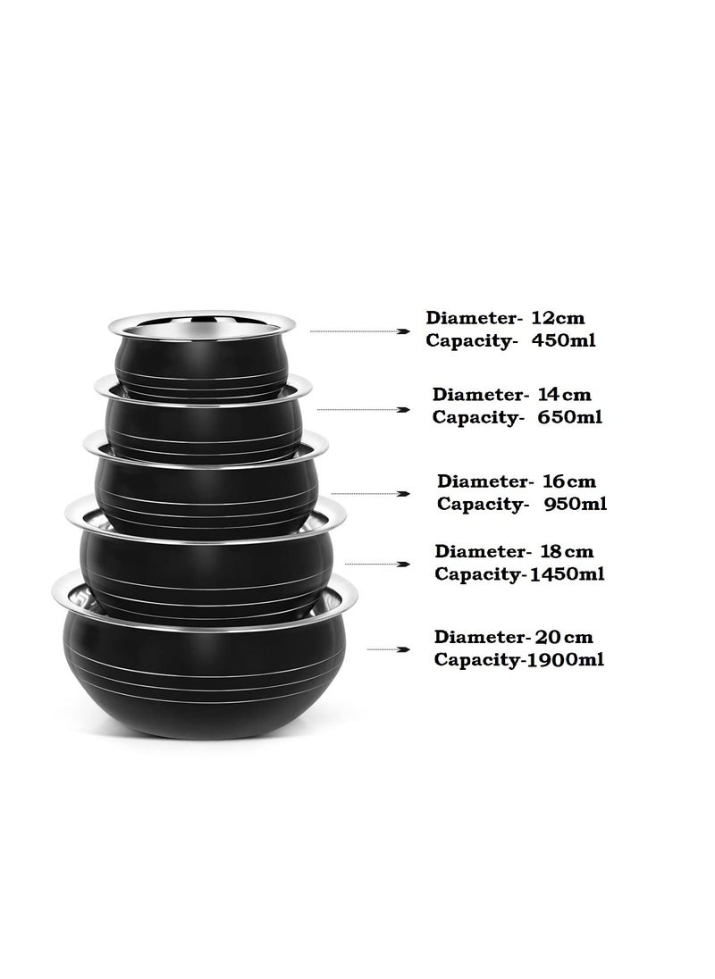 Redific Stainless Steel Biryani Handi Set 5 Pieces 350 ML 550 ML 750 ML 1200 ML 1650 ML Black