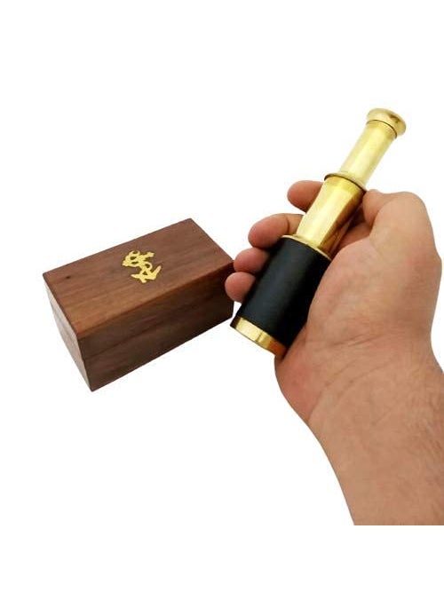 The Antiques Lab Mini Pocket Telescope Shiny Brass with Wooden Box Vintage Nautical 15cm Long Antique Gold Pack of 1