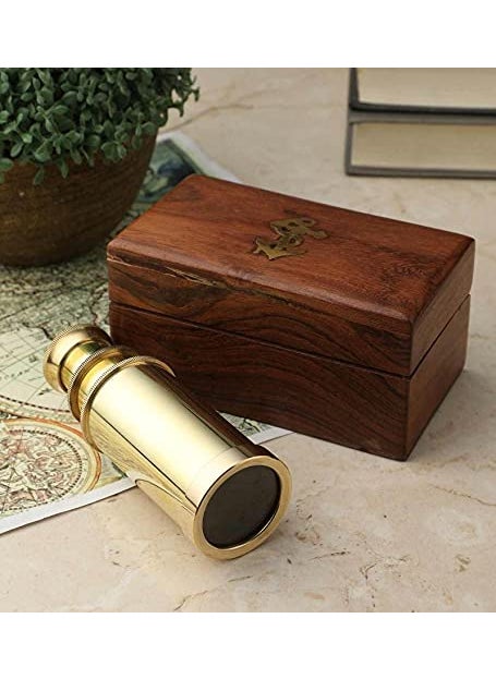 Ximdeco Brass Nautical Vintage Style Opticals Lens Golden Telescope 6 Inches with Wooden Sheesham Box Showpiece