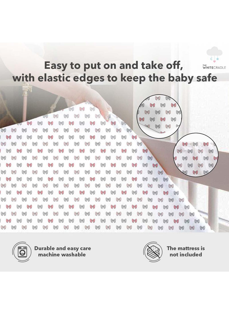 The White Cradle Pure Organic Cotton Fitted Cot Sheet for Baby Crib 52x28 Super Soft Smooth Absorbent Twill Fabric for Infants Newborns Babies Toddlers Pink Bows