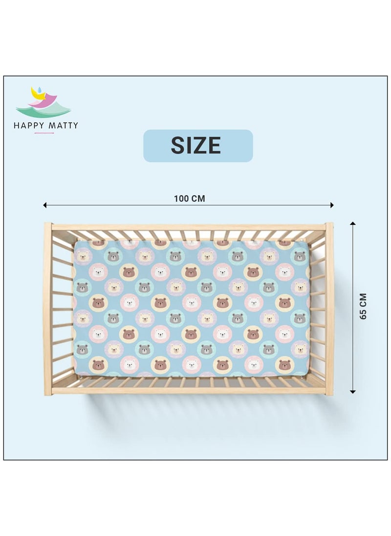 Happy Matty Extra Absorbent Crib Sheet for Newborn and Infant Mattress Blue Soft Polyester 2 Layer Protection Teddy Bear Print Medium Size 100 X 70 cm
