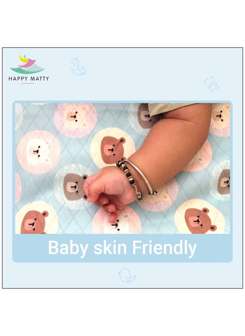 Happy Matty Extra Absorbent Crib Sheet for Newborn and Infant Mattress Blue Soft Polyester 2 Layer Protection Teddy Bear Print Medium Size 100 X 70 cm