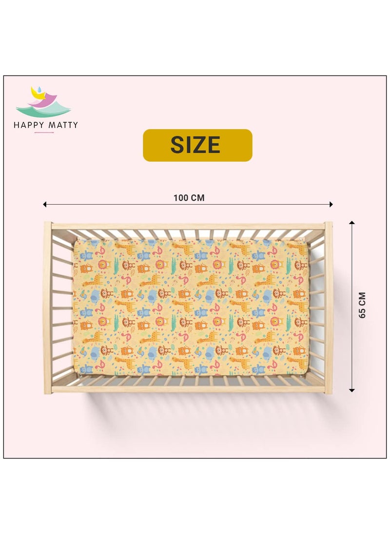 Happy Matty Extra Absorbent Crib Sheet for Newborn and Infant Mattress Yellow Soft Polyester 2 Layer Protection Animal Print Medium Size 100 X 70 cm