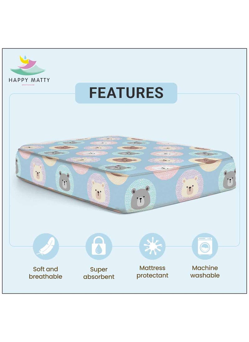Happy Matty Extra Absorbent Crib Sheet for Newborn and Infant Mattress Blue Soft Polyester 2 Layer Protection Teddy Bear Print Large Size 100cm x140cm