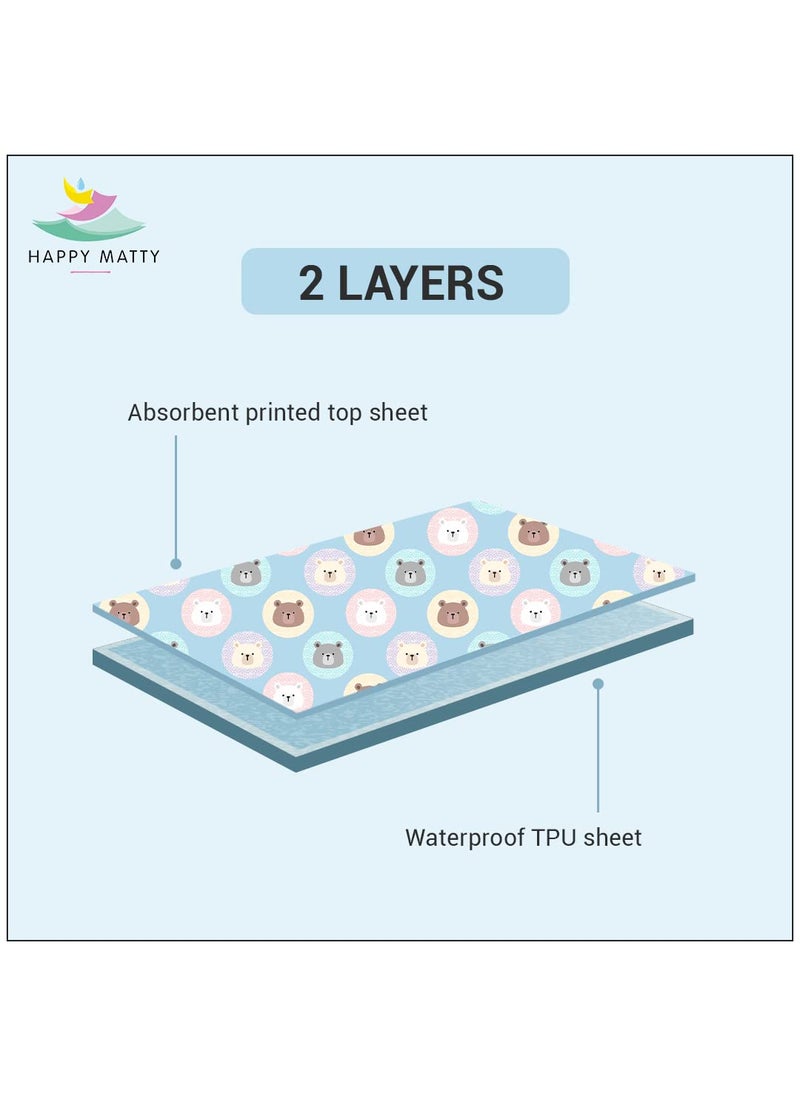 Happy Matty Extra Absorbent Crib Sheet for Newborn and Infant Mattress Blue Soft Polyester 2 Layer Protection Teddy Bear Print Large Size 100cm x140cm