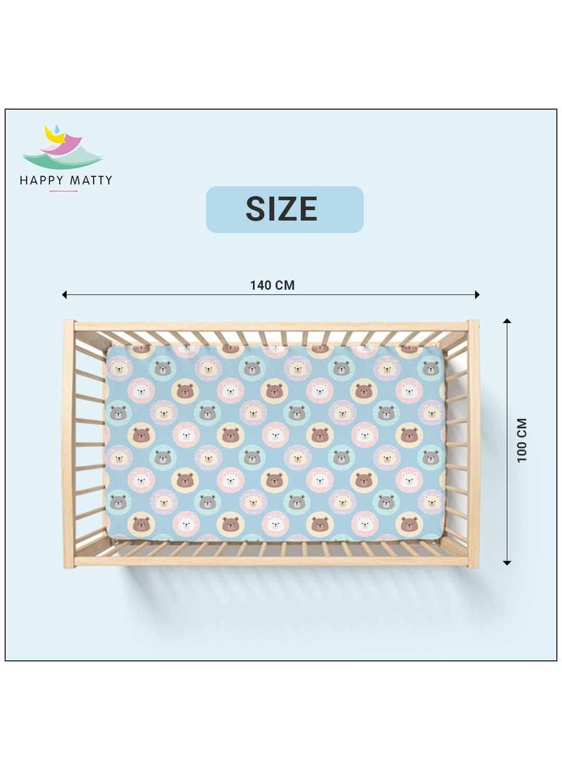 Happy Matty Extra Absorbent Crib Sheet for Newborn and Infant Mattress Blue Soft Polyester 2 Layer Protection Teddy Bear Print Large Size 100cm x140cm