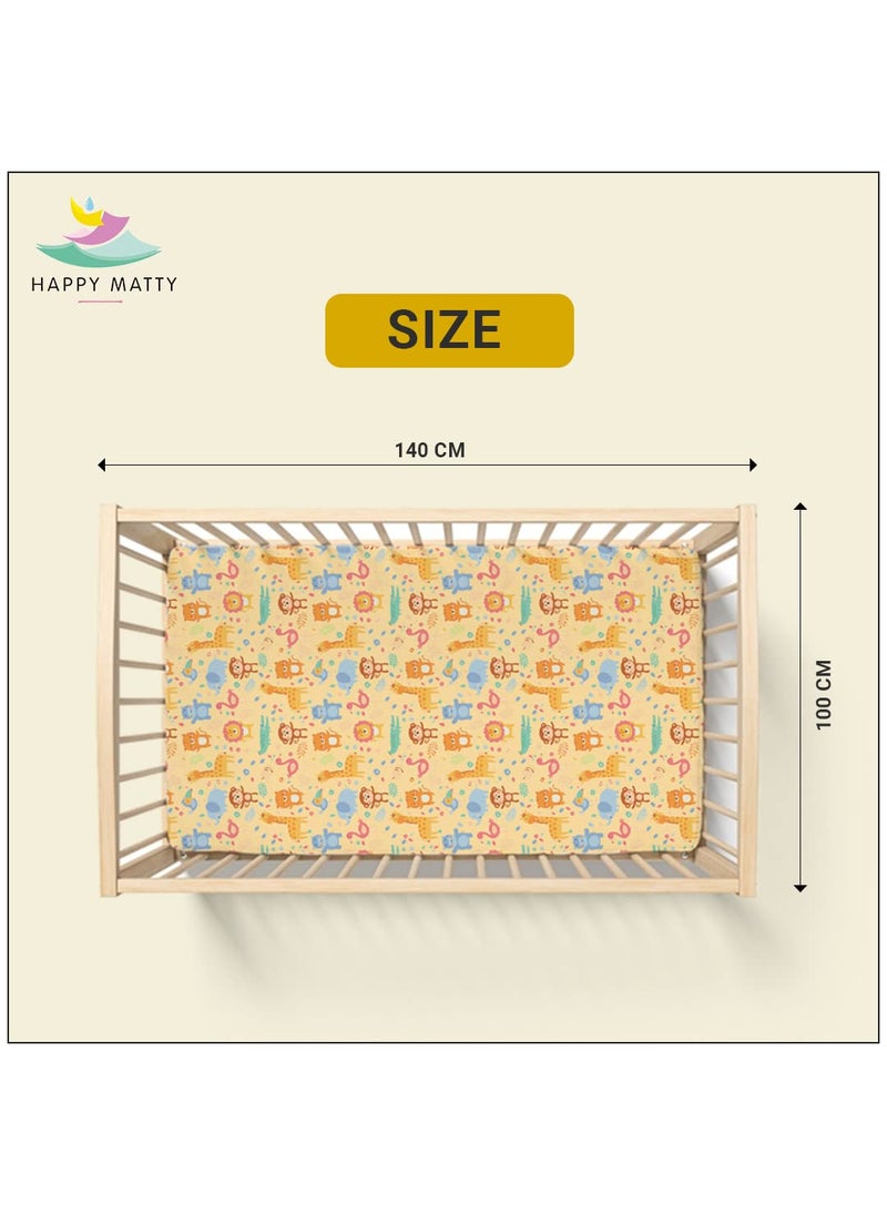 Happy Matty Extra Absorbent Crib Sheet for Newborn and Infant Mattress Yellow Soft Polyester 2 Layer Protection Animal Print Large Size 100cm x140cm