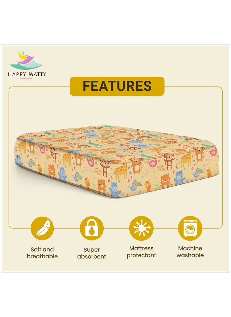 Happy Matty Extra Absorbent Crib Sheet for Newborn and Infant Mattress Yellow Soft Polyester 2 Layer Protection Animal Print Large Size 100cm x140cm