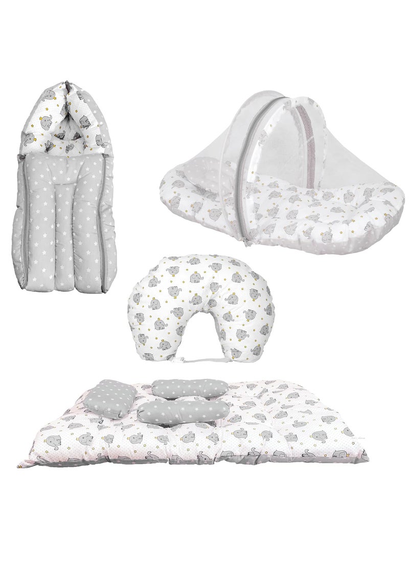 Kids Charm Elephant 4 PCS Combo Set 3 in 1 Babys Carry Bed5 in 1 Babys Feeding Pillow with Safety Belt2 in 1 Babys Cotton with Mosquito Net2 in 1 Babys Sleeping Bed for 48 Months Grey