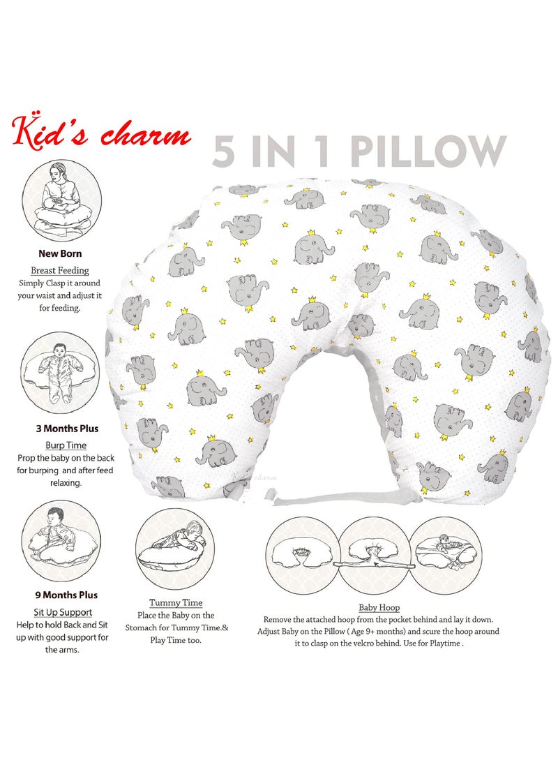 Kids Charm Elephant 4 PCS Combo Set 3 in 1 Babys Carry Bed5 in 1 Babys Feeding Pillow with Safety Belt2 in 1 Babys Cotton with Mosquito Net2 in 1 Babys Sleeping Bed for 48 Months Grey