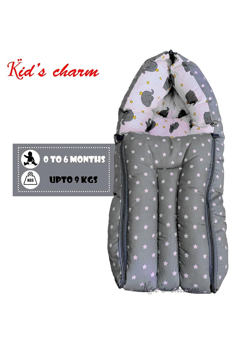 Kids Charm Elephant 4 PCS Combo Set 3 in 1 Babys Carry Bed5 in 1 Babys Feeding Pillow with Safety Belt2 in 1 Babys Cotton with Mosquito Net2 in 1 Babys Sleeping Bed for 48 Months Grey