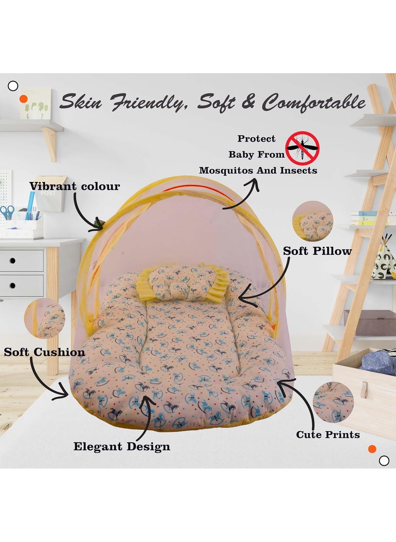 Kwitchy Baby Cotton Bedding Set Thick Base Foldable Bed with Mosquito Net and Head Pillow 4 Nappy Changing Mats 06 Months Yellow 2PCS Set