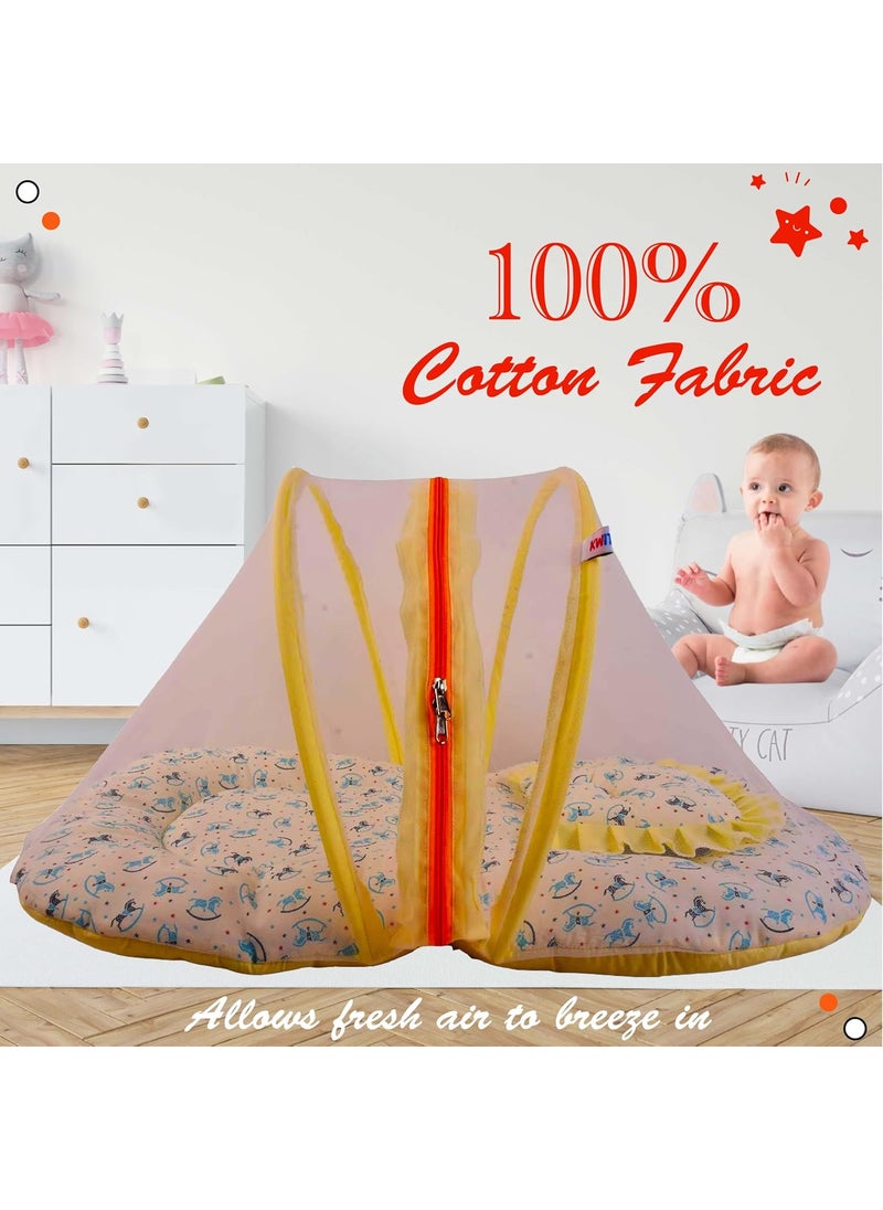Kwitchy Baby Cotton Bedding Set Thick Base Foldable Bed with Mosquito Net and Head Pillow 4 Nappy Changing Mats 06 Months Yellow 2PCS Set
