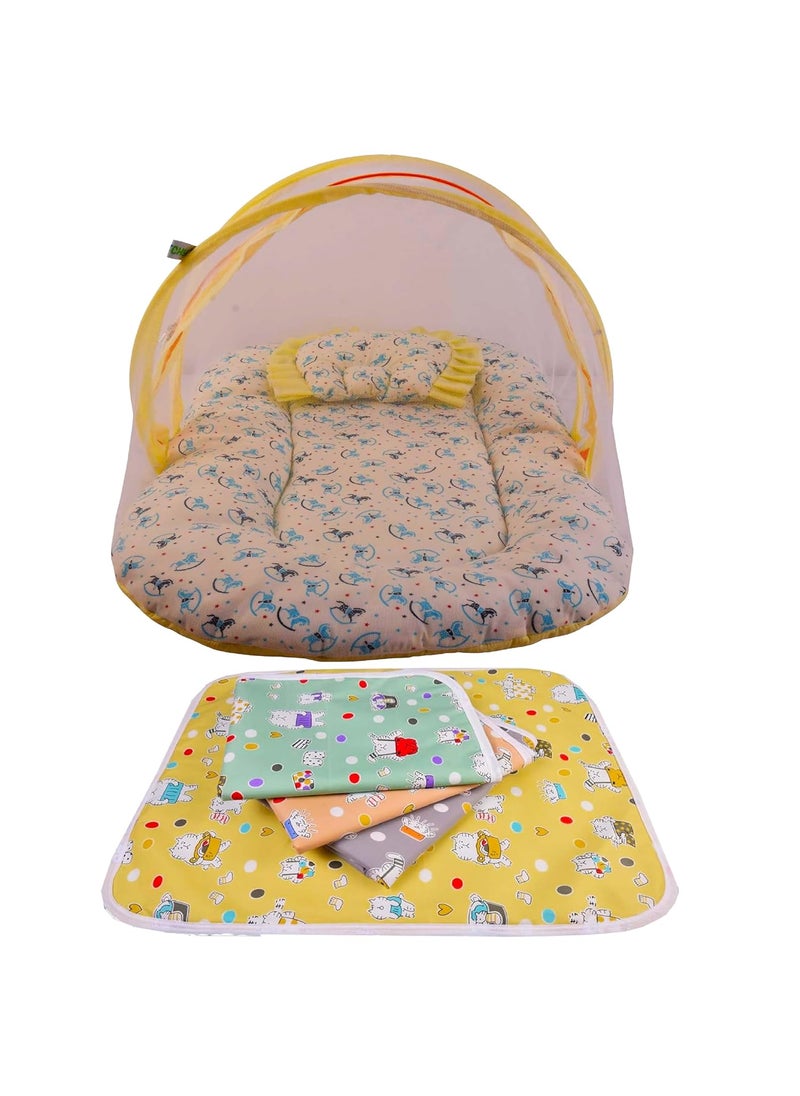 Kwitchy Baby Cotton Bedding Set Thick Base Foldable Bed with Mosquito Net and Head Pillow 4 Nappy Changing Mats 06 Months Yellow 2PCS Set