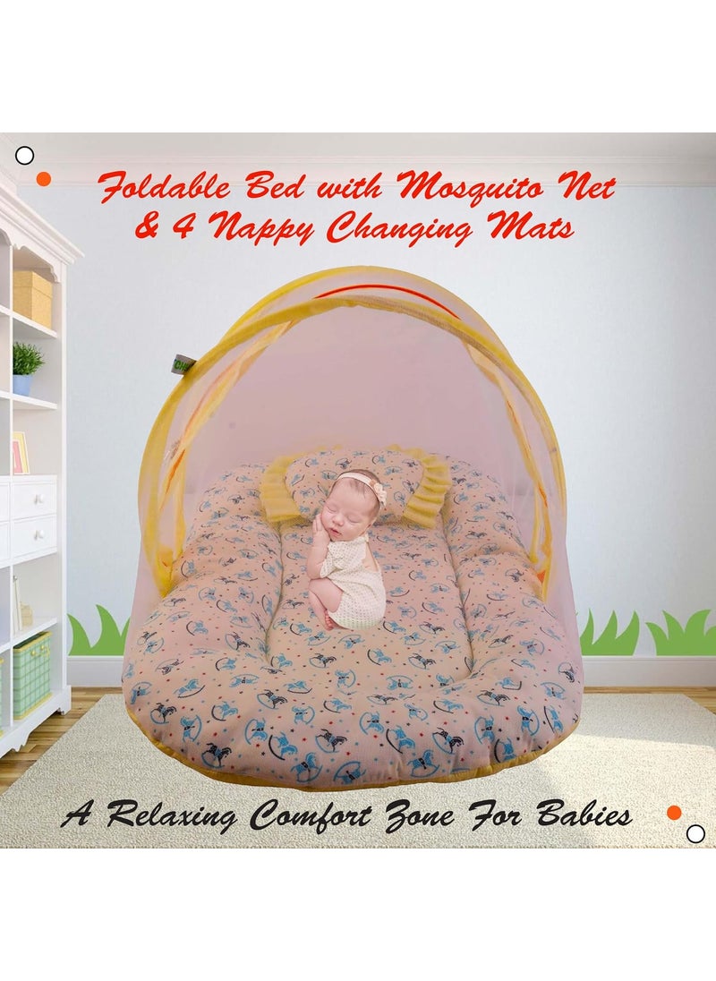 Kwitchy Baby Cotton Bedding Set Thick Base Foldable Bed with Mosquito Net and Head Pillow 4 Nappy Changing Mats 06 Months Yellow 2PCS Set