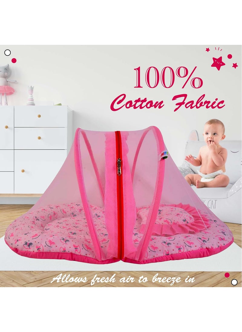 Kwitchy Baby Cotton Bedding Set Thick Base Foldable Bed with Mosquito Net and Head Pillow 4 Nappy Changing Mats 06 Months Pink 2PCS Set