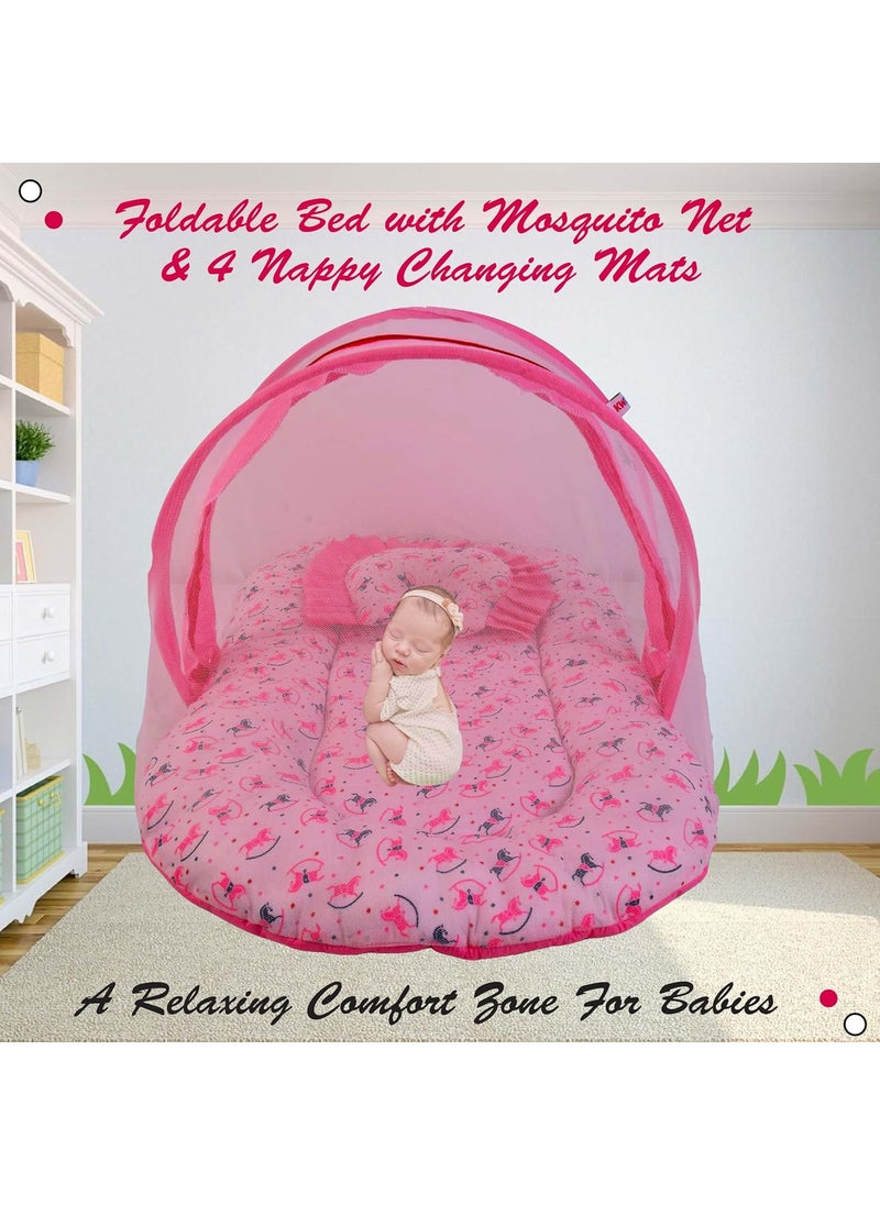 Kwitchy Baby Cotton Bedding Set Thick Base Foldable Bed with Mosquito Net and Head Pillow 4 Nappy Changing Mats 06 Months Pink 2PCS Set