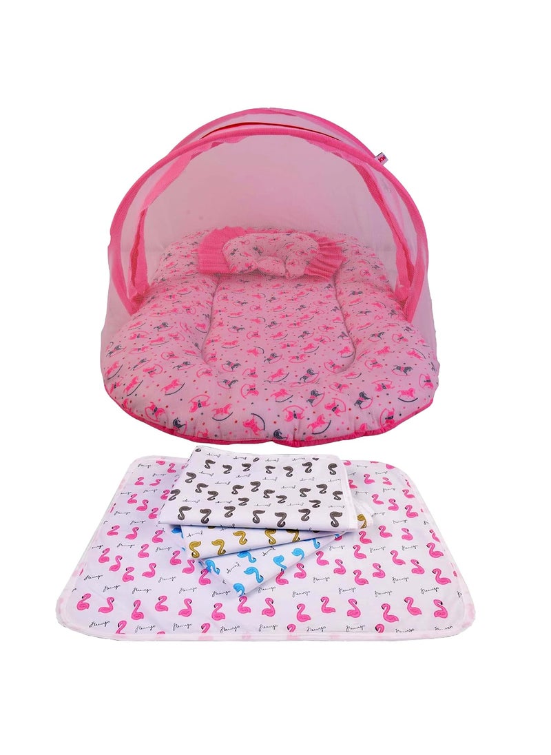 Kwitchy Baby Cotton Bedding Set Thick Base Foldable Bed with Mosquito Net and Head Pillow 4 Nappy Changing Mats 06 Months Pink 2PCS Set