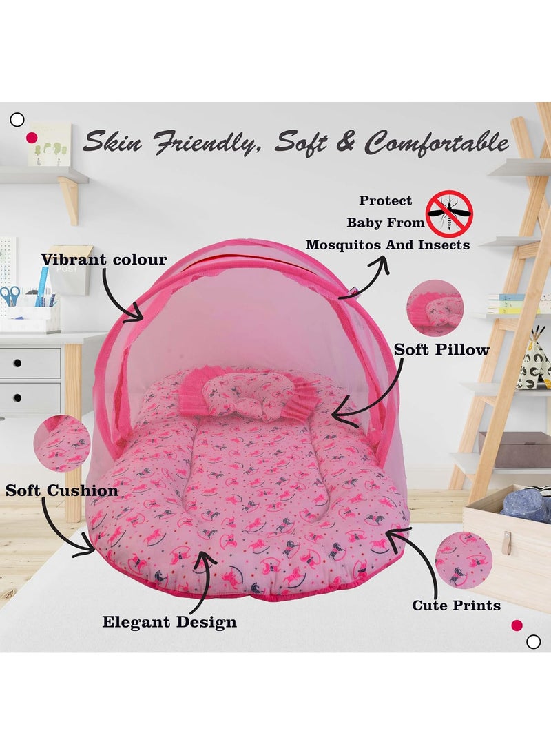 Kwitchy Baby Cotton Bedding Set Thick Base Foldable Bed with Mosquito Net and Head Pillow 4 Nappy Changing Mats 06 Months Pink 2PCS Set