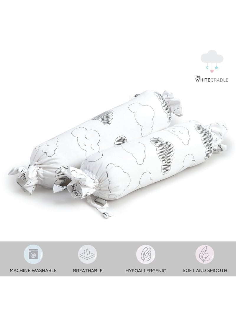 The White Cradle Cot Pillow 2 Bolsters Set with Fillers Organic Cotton Fabric Softest Fiber Filling Protective Comfort Grey Clouds