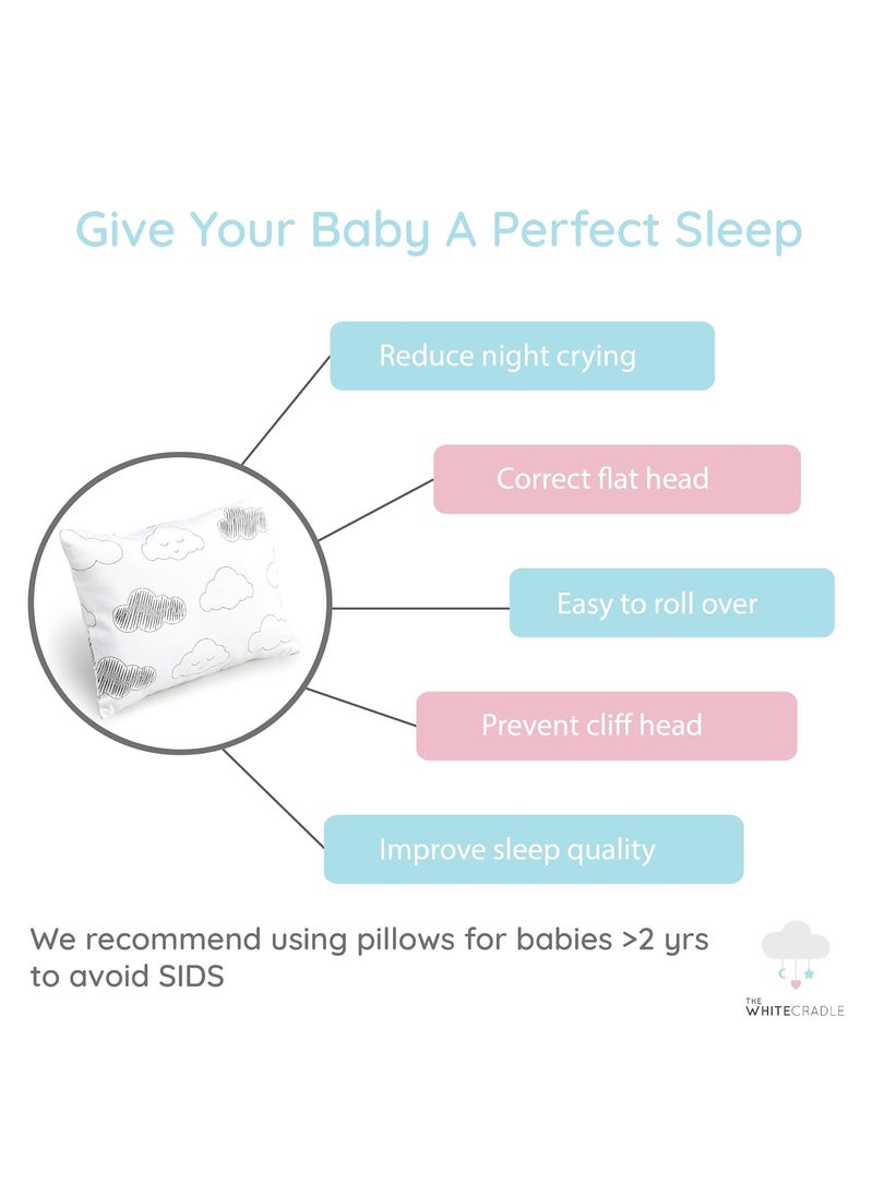 The White Cradle Cot Pillow 2 Bolsters Set with Fillers Organic Cotton Fabric Softest Fiber Filling Protective Comfort Grey Clouds