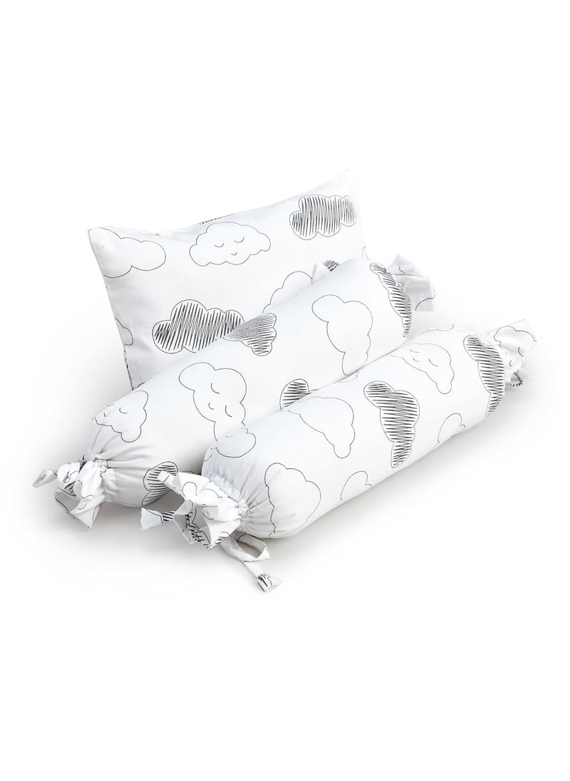 The White Cradle Cot Pillow 2 Bolsters Set with Fillers Organic Cotton Fabric Softest Fiber Filling Protective Comfort Grey Clouds