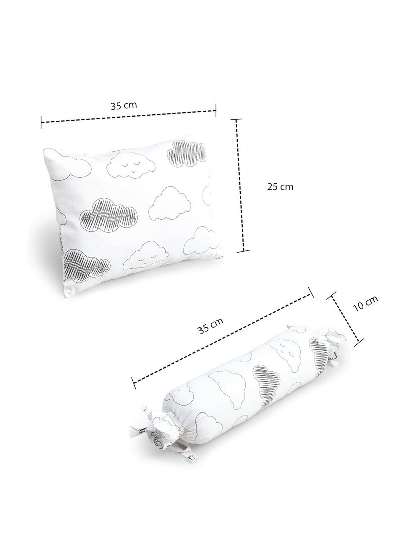 The White Cradle Cot Pillow 2 Bolsters Set with Fillers Organic Cotton Fabric Softest Fiber Filling Protective Comfort Grey Clouds