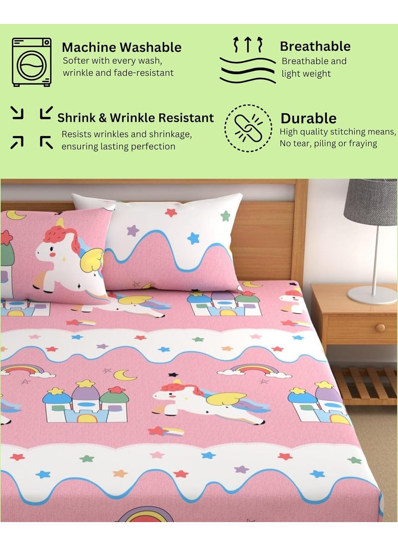 Pink Unicorn Fitted bedsheet Cotton Cartoon Printed Elastic Fitted Double Bedsheet King Size for Kids with 2 Pillow Cover Size 72x78x6