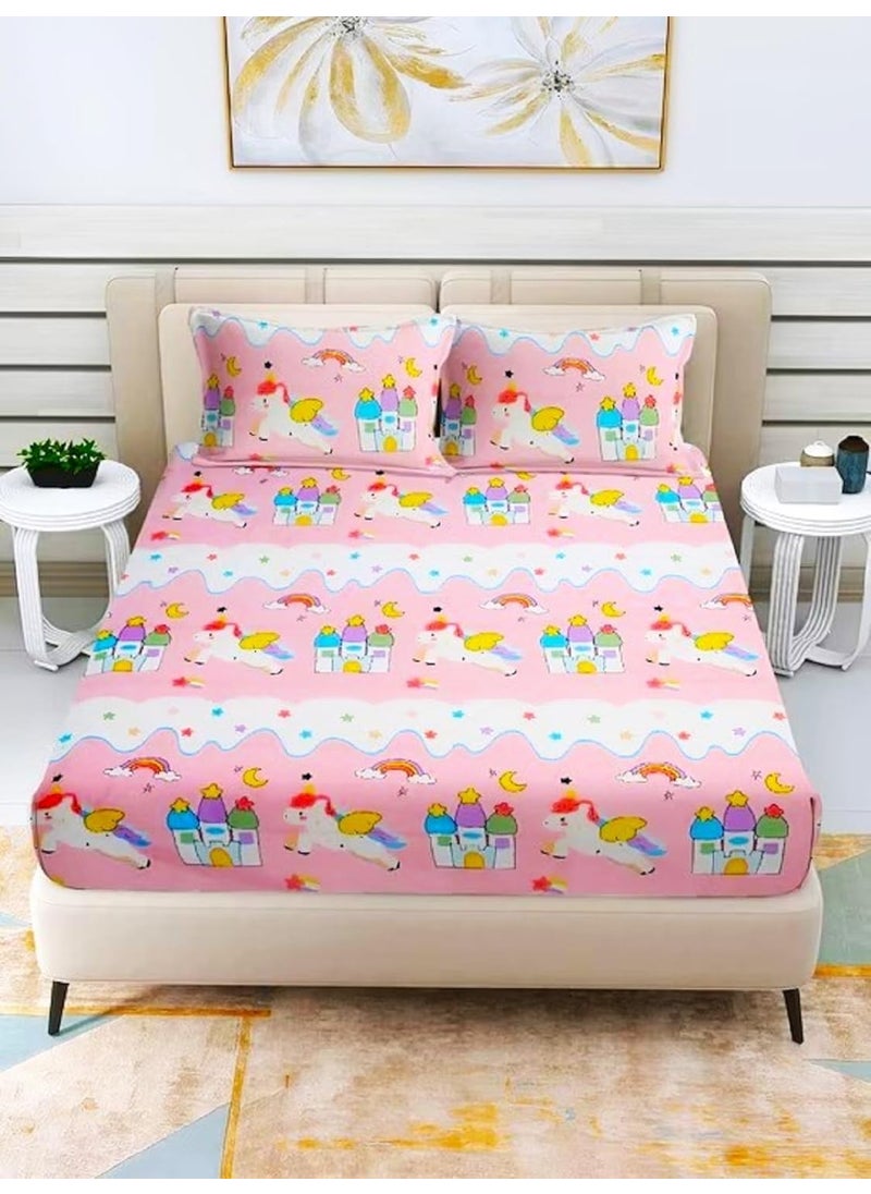 Pink Unicorn Fitted bedsheet Cotton Cartoon Printed Elastic Fitted Double Bedsheet King Size for Kids with 2 Pillow Cover Size 72x78x6