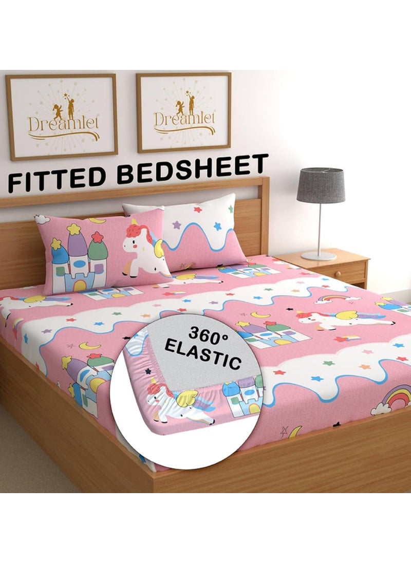 Pink Unicorn Fitted bedsheet Cotton Cartoon Printed Elastic Fitted Double Bedsheet King Size for Kids with 2 Pillow Cover Size 72x78x6