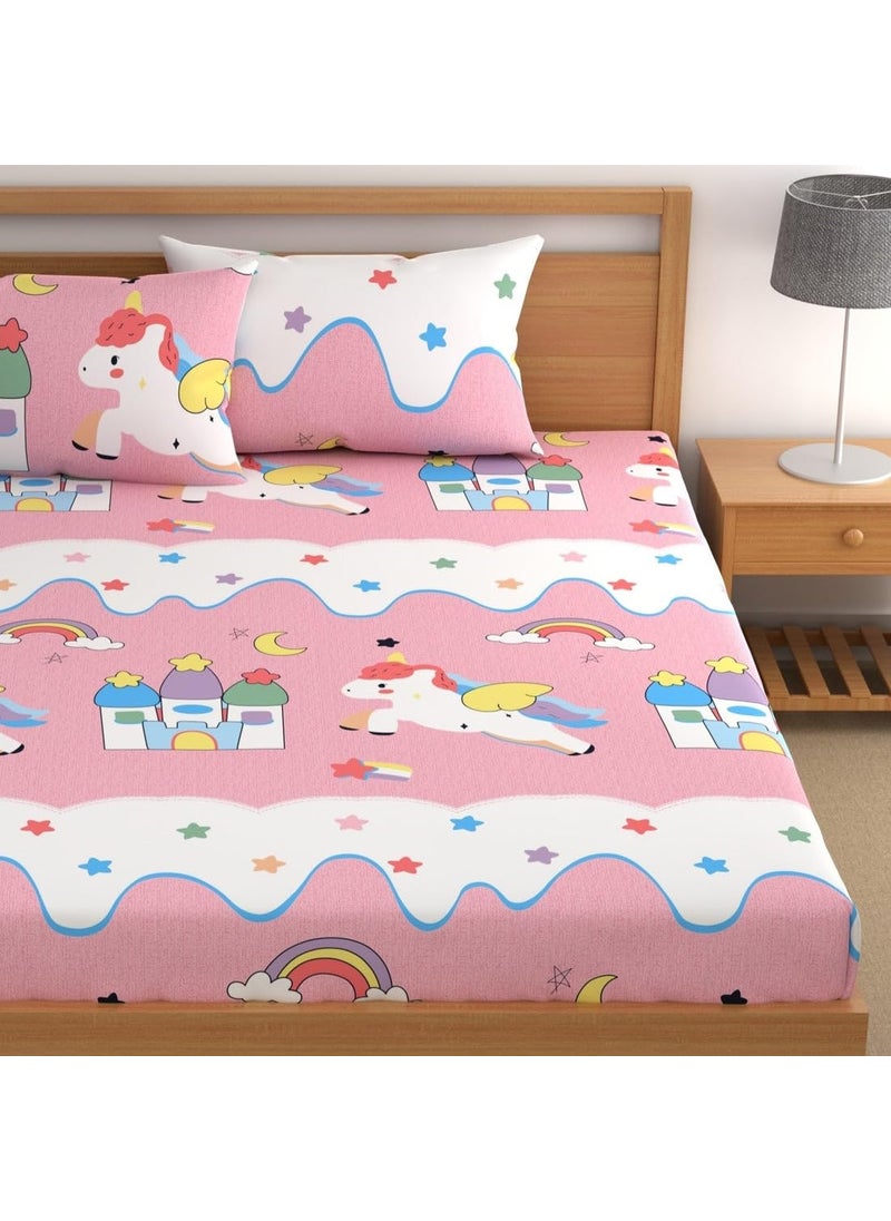 Pink Unicorn Fitted bedsheet Cotton Cartoon Printed Elastic Fitted Double Bedsheet King Size for Kids with 2 Pillow Cover Size 72x78x6