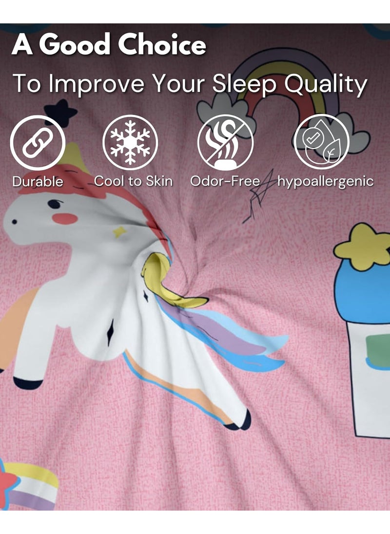 Pink Unicorn Fitted bedsheet Cotton Cartoon Printed Elastic Fitted Double Bedsheet King Size for Kids with 2 Pillow Cover Size 72x78x6