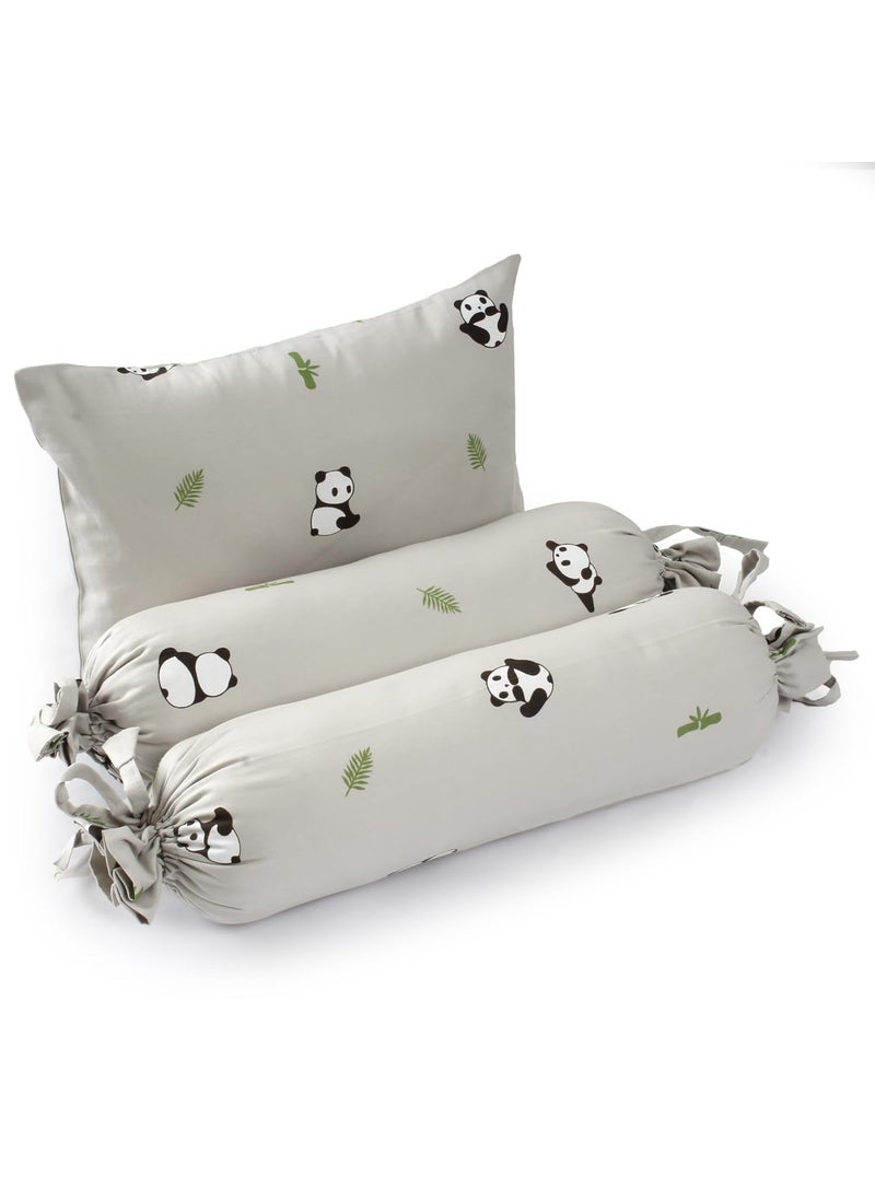 The White Cradle Cot Pillow 2 Bolsters Set with Fillers Organic Cotton Fabric Softest Fiber Filling Protective Comfort Grey Panda