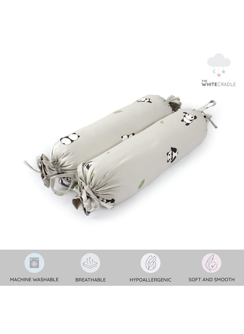 The White Cradle Cot Pillow 2 Bolsters Set with Fillers Organic Cotton Fabric Softest Fiber Filling Protective Comfort Grey Panda