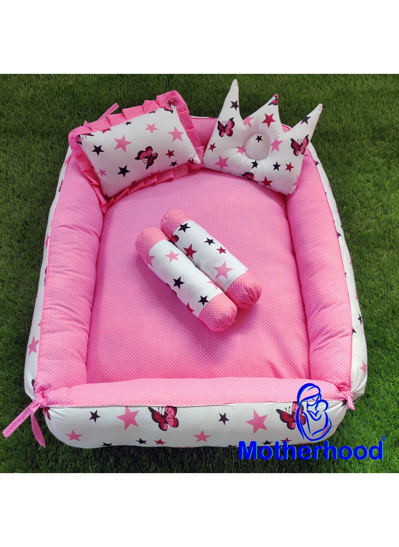 MOTHERHOOD Box Baby Tub Bed and 4 pc Baby Pillow Luxury Baby Mattress Bed Sleeper Bedding Set coSleeper Safe Cotton Fabric with RFilled UltraSoft Comfortable for Newborn Pink