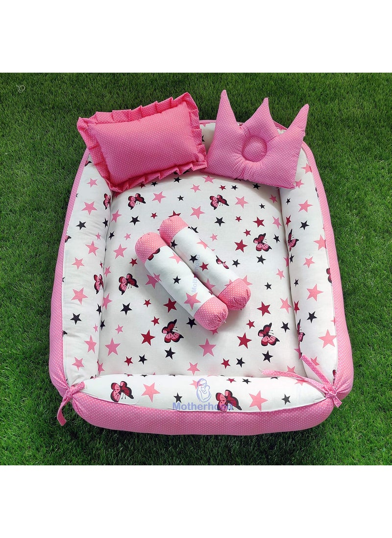 MOTHERHOOD Box Baby Tub Bed and 4 pc Baby Pillow Luxury Baby Mattress Bed Sleeper Bedding Set coSleeper Safe Cotton Fabric with RFilled UltraSoft Comfortable for Newborn Pink