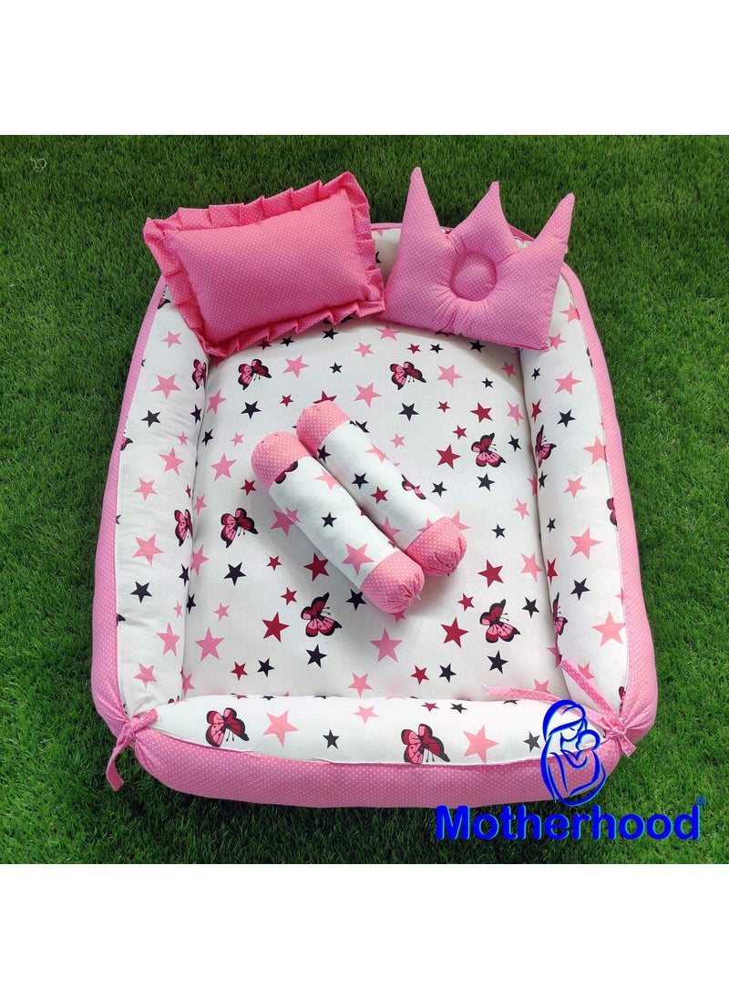 MOTHERHOOD Box Baby Tub Bed and 4 pc Baby Pillow Luxury Baby Mattress Bed Sleeper Bedding Set coSleeper Safe Cotton Fabric with RFilled UltraSoft Comfortable for Newborn Pink