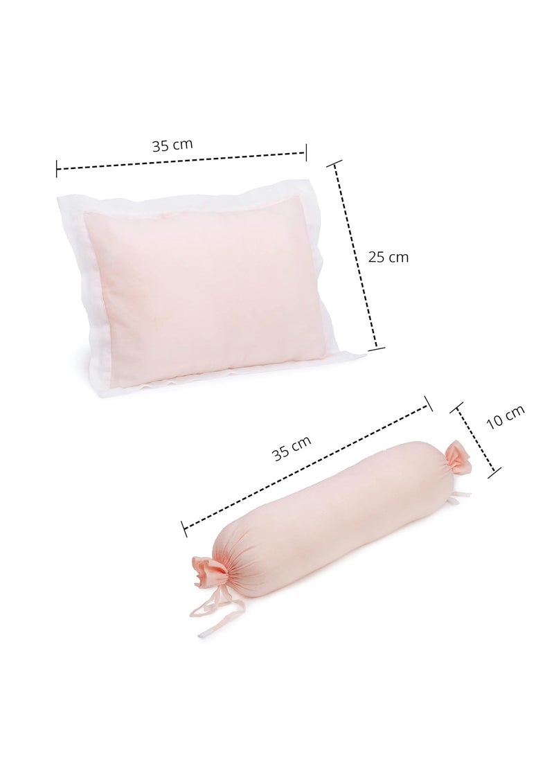 The White Cradle Cot Pillow 2 Bolsters Set with Fillers Organic Cotton Fabric Protective Comfort Softest Fiber Filling Solid Pink