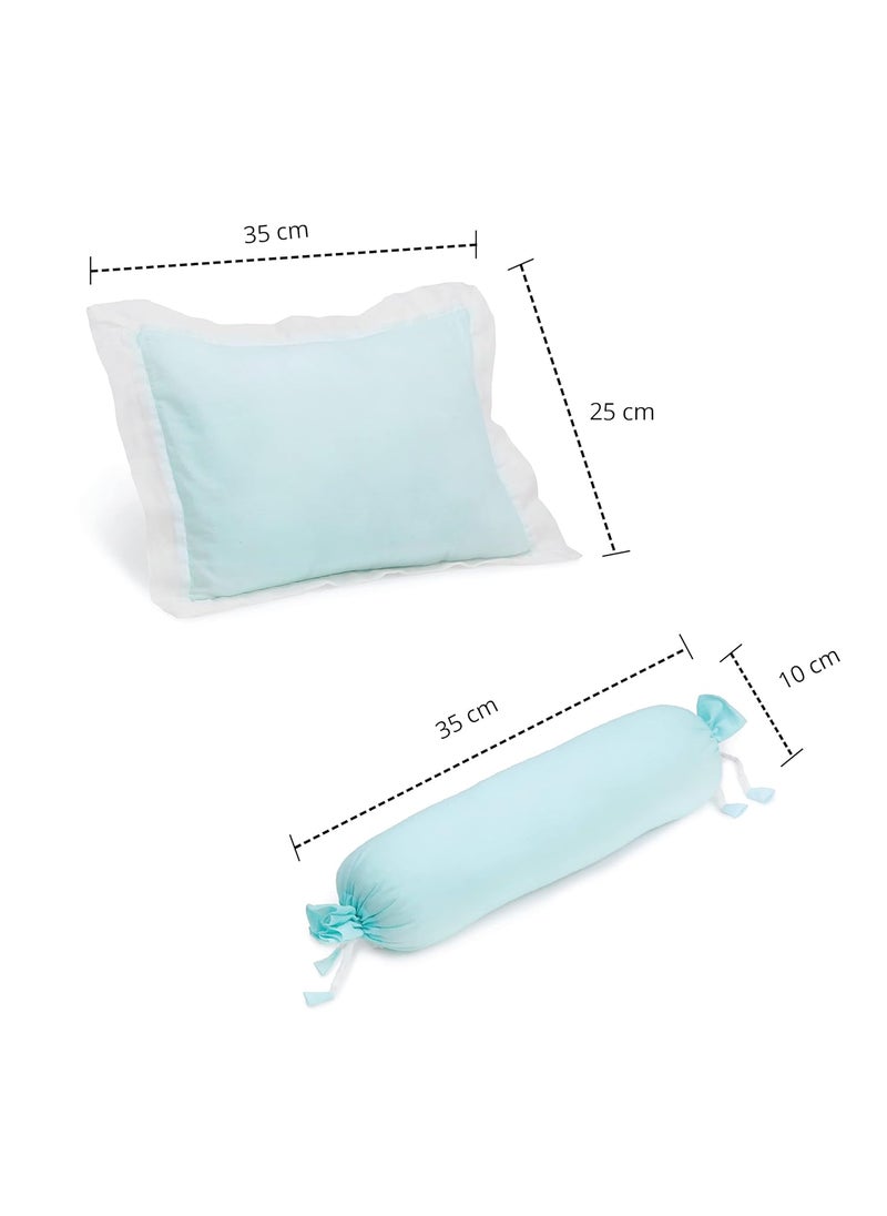 The White Cradle Cot Pillow 2 Bolsters Set with Fillers Organic Cotton Fabric Protective Comfort Softest Fiber Filling Solid Blue