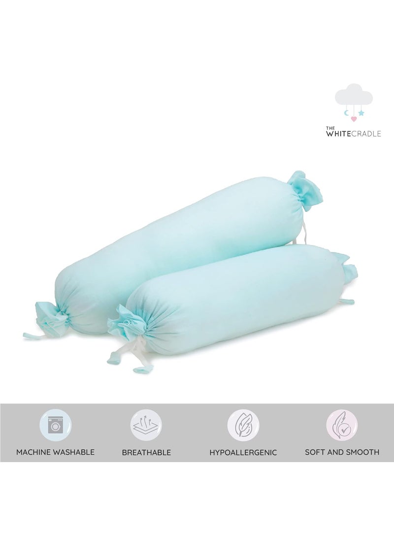 The White Cradle Cot Pillow 2 Bolsters Set with Fillers Organic Cotton Fabric Protective Comfort Softest Fiber Filling Solid Blue