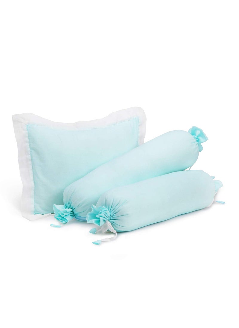 The White Cradle Cot Pillow 2 Bolsters Set with Fillers Organic Cotton Fabric Protective Comfort Softest Fiber Filling Solid Blue