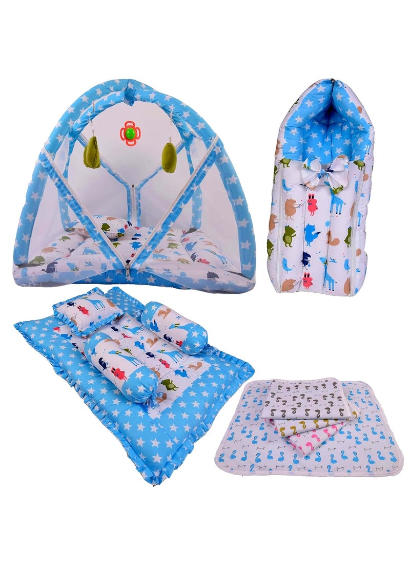 Kwitchy Baby Bedding Set Combo Play Gym Mattress with Net Gaddi Set Nappy Changing Sheets Carry Bag Blue 06 Months 4PCS Set