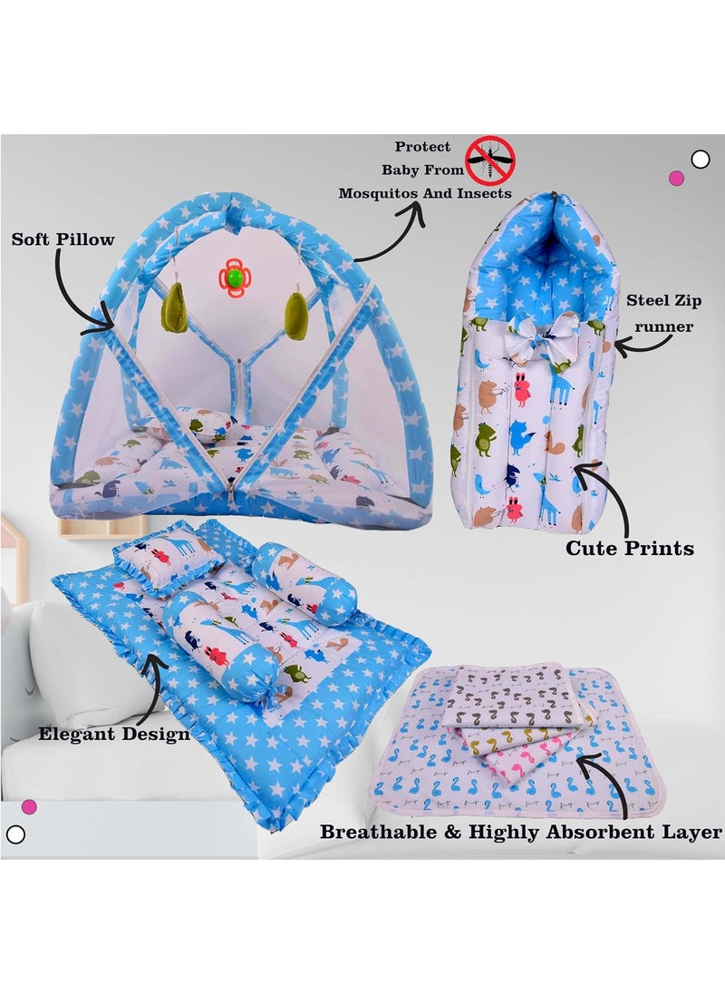 Kwitchy Baby Bedding Set Combo Play Gym Mattress with Net Gaddi Set Nappy Changing Sheets Carry Bag Blue 06 Months 4PCS Set