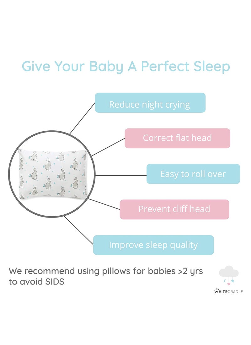 The White Cradle Cot Pillow 2 Bolsters Set with Fillers Organic Cotton Fabric Softest Fiber Filling Protective Comfort Grey Whale with Blue Dots
