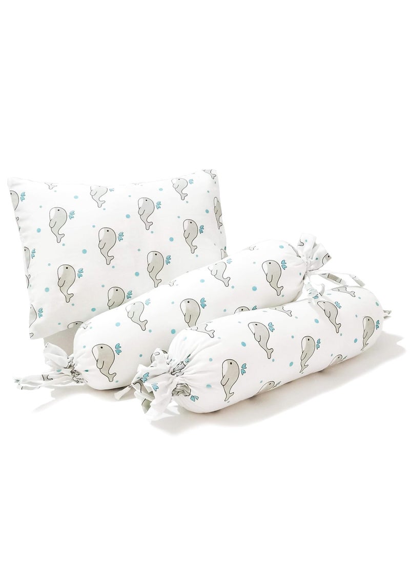 The White Cradle Cot Pillow 2 Bolsters Set with Fillers Organic Cotton Fabric Softest Fiber Filling Protective Comfort Grey Whale with Blue Dots