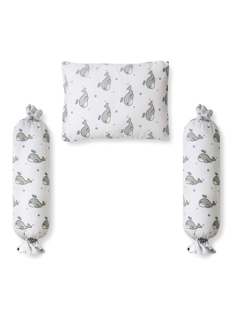 The White Cradle Cot Pillow 2 Bolsters Set with Fillers Organic Cotton Fabric Softest Fiber Filling Protective Comfort Grey Whale with Blue Dots