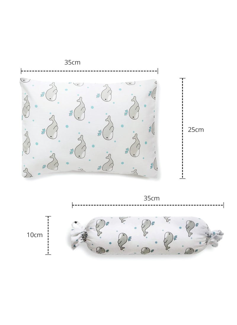 The White Cradle Cot Pillow 2 Bolsters Set with Fillers Organic Cotton Fabric Softest Fiber Filling Protective Comfort Grey Whale with Blue Dots