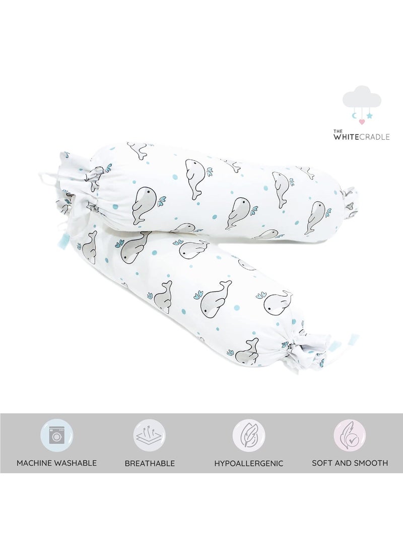 The White Cradle Cot Pillow 2 Bolsters Set with Fillers Organic Cotton Fabric Softest Fiber Filling Protective Comfort Grey Whale with Blue Dots