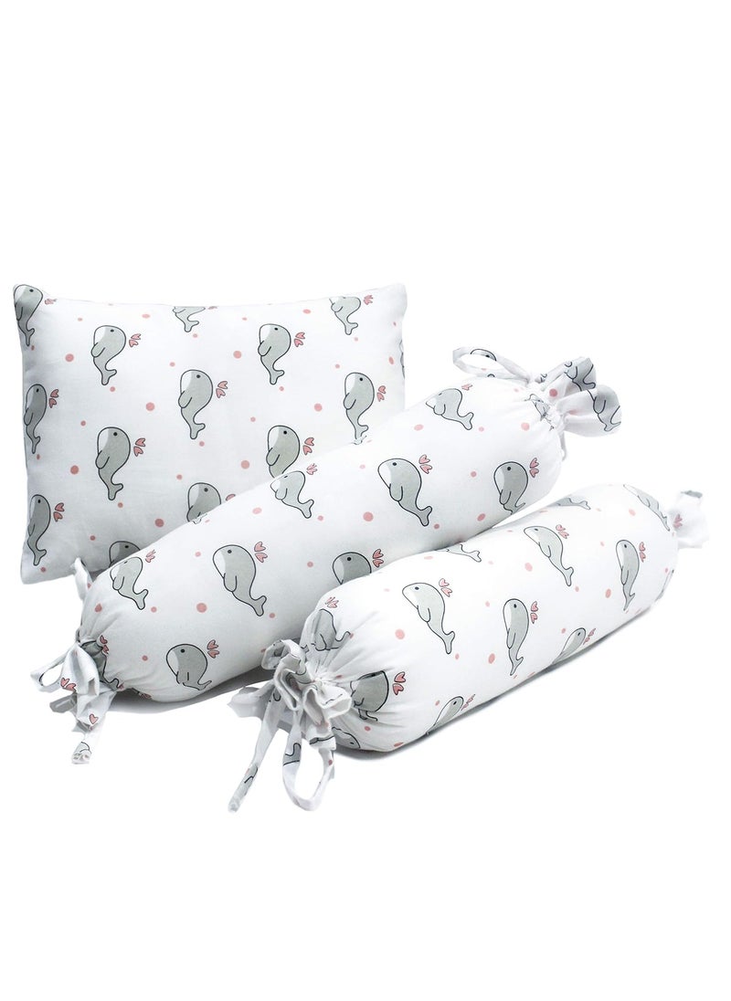 The White Cradle Cot Pillow 2 Bolsters Set with Fillers Organic Cotton Fabric Softest Fiber Filling Protective Comfort Grey Whale with Pink Dots
